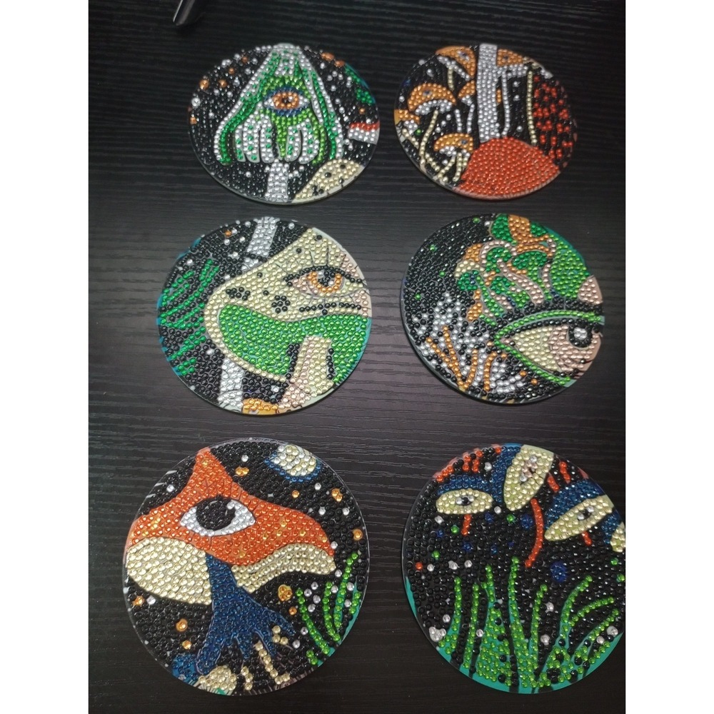 Diamond Art Magic Mushroom Coasters Set of 6 Round Cork Backed 4" Handmade